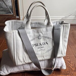 Prada Canvas Tote in Light Beige with Gray Strap